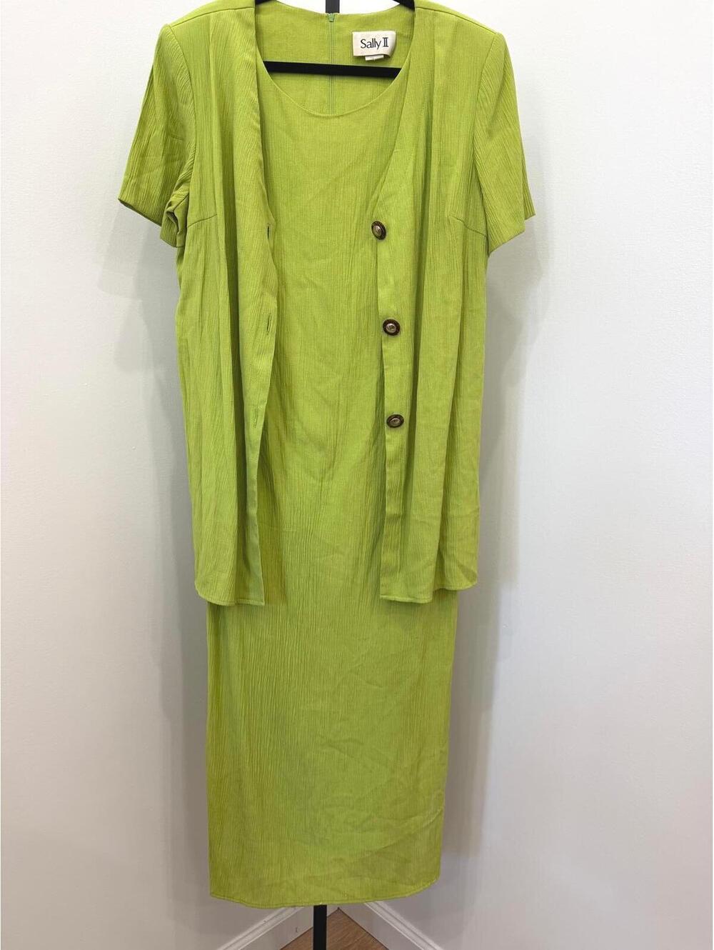 Sally J Lime Green Two-Piece Dress Set with Button Detail size 14